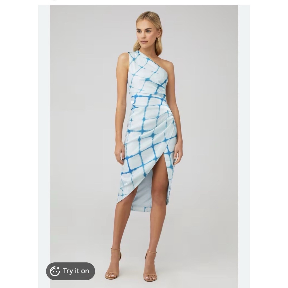 Elliatt One Shoulder Gia Midi Dress Slit Blue Satin Shine XS Ocean Cocktail
